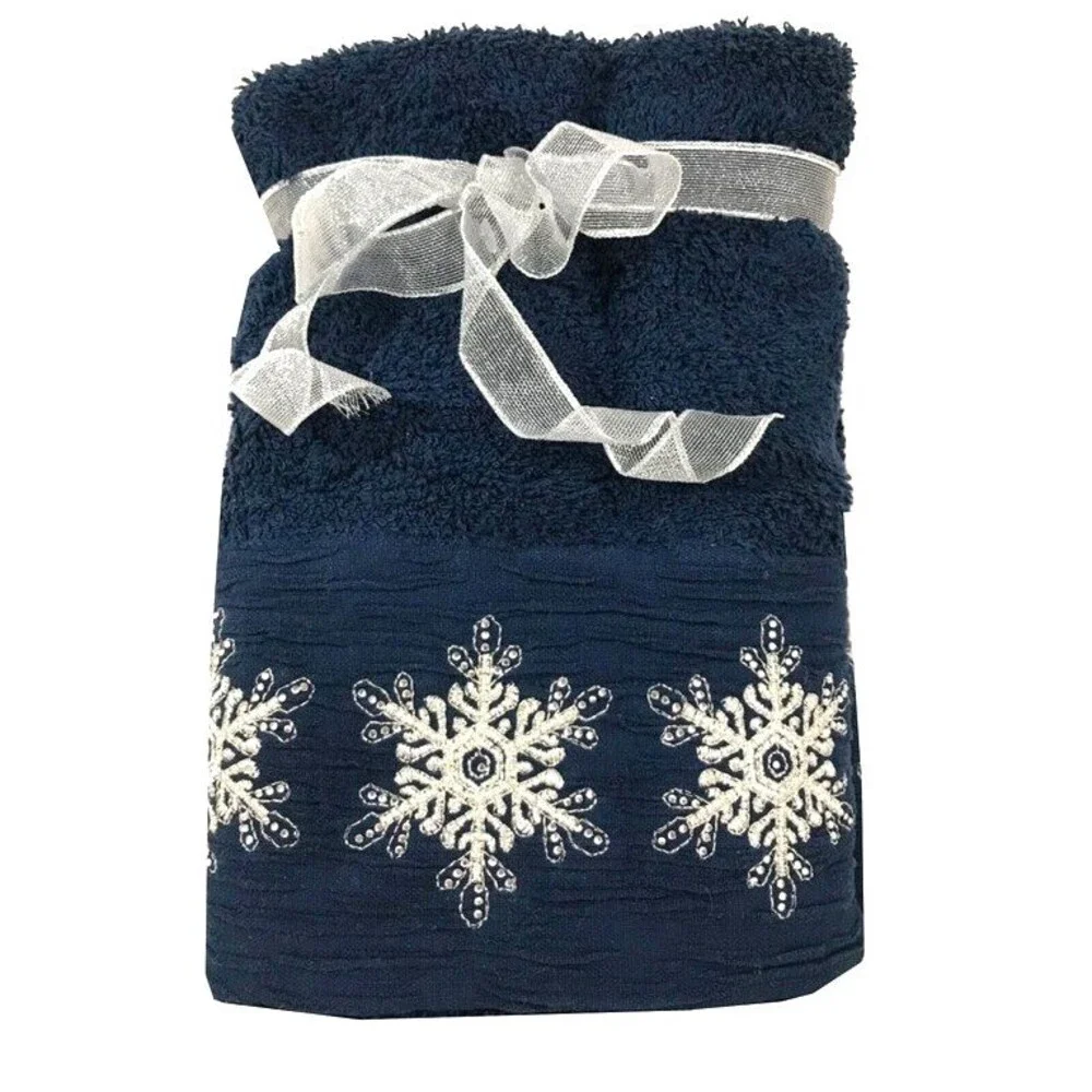 Glitz & Glimmer Christmas Hand Towels Snowflakes Embroidered Bath Navy Set of 2